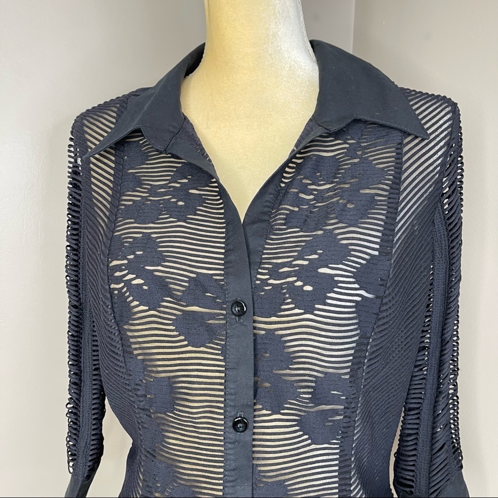 Vintage Women’s Sz M Black Sheers Top Button Up - Picture 13 of 16